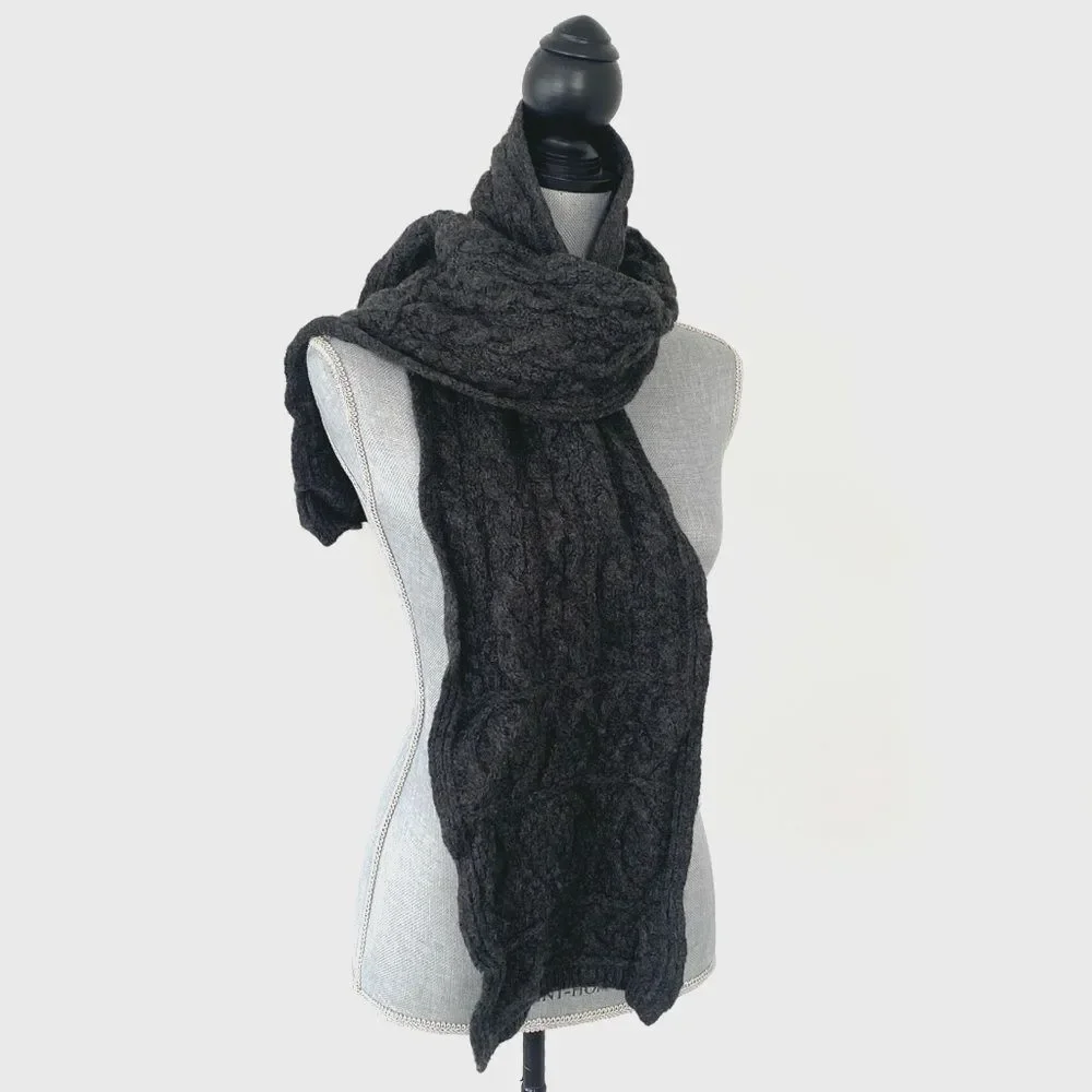 Aran Crafts Charcoal Merino Wool Knit Scarf Made In Ireland Fisherman Cable Knit